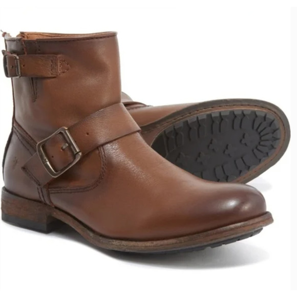 Frye Tyler Engineer Leather Ankle Buckle Boots in Cognac Size 7 - Picture 10 of 10